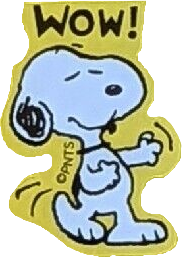 sticker of snoopy from peanuts. he is doing a swaying dance with his eyes closed. the sticker has a yellow trim and reads 'wow!'