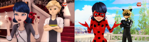 michigopyon:  miraculous-chan:  Adrien vs Chat Noir  I love this so muchhh It’s so interesting to see side-by-side how while he’s essentially doing the same exact gesture, there are little differences. Adrien is more subtle and proper- straight back,