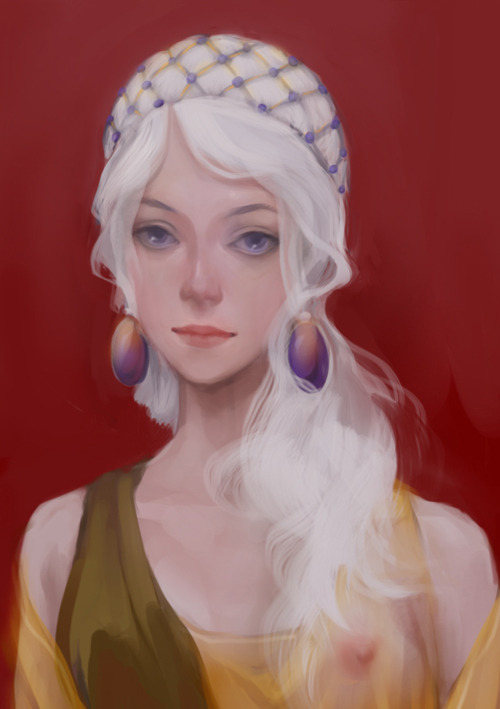 In his honor Daenerys had donned a Qartheen gown, a sheer confection of violet samite cut so as to l