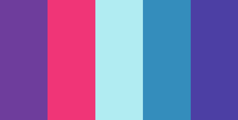 color-palettes:  Everything You Wanted - Submitted by VerlorenDasein #6C3D9D #F03577 #B1ECF2 #348DBC #4C3FA4