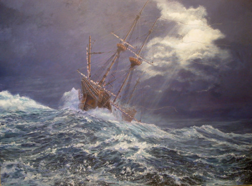 ltwilliammowett:The seas were so high- The Mayflower in a storm, by Mike Haywood