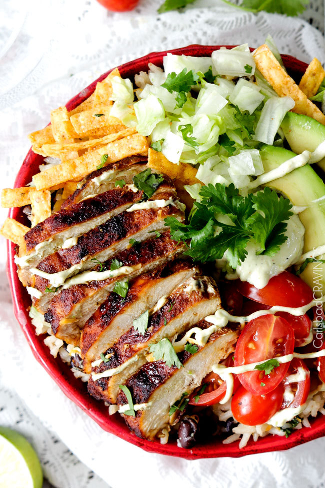 thecraving:  Fiesta Ranch Chicken Burrito Bowls with Chipotle Avocado Ranch Crema