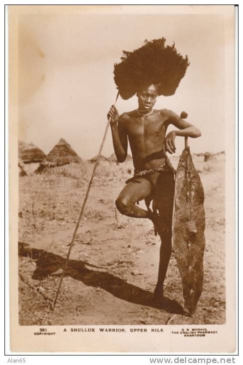 Via South Sudan:  Vintage Real Photo Postcard of a Shilluk Warrior Upper Nile, Sudan