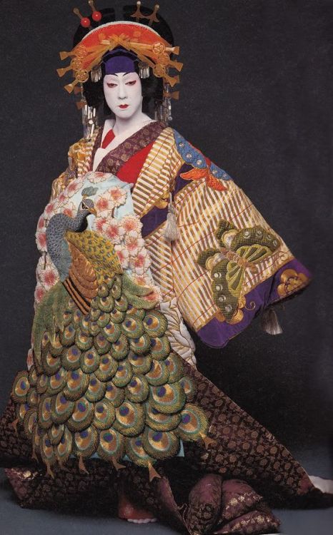 Costumes of high-ranking courtesans, oiran, are among the most spectacular in kabuki. They are chara