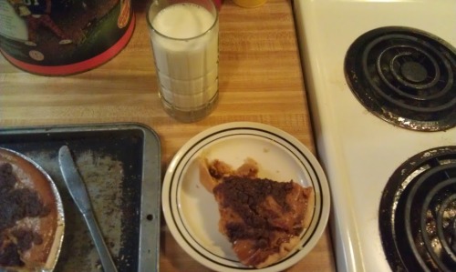 Homemade pumpkin pie and a glass of milk, yum!