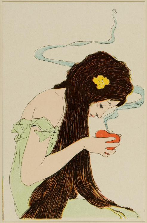 Raphaël Kirchner (Austrian, 1876-1917, b. Vienna, Austria) - Woman holding a Smoking Heart from seri