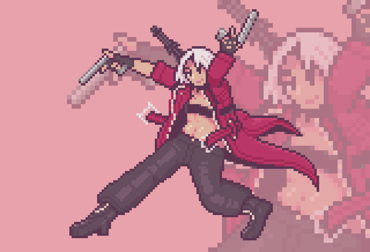 devilish❗
 [id: pixel art of dante as he appears in dmc3, posing with pistols in his hand and jacket flowing behind him. he’