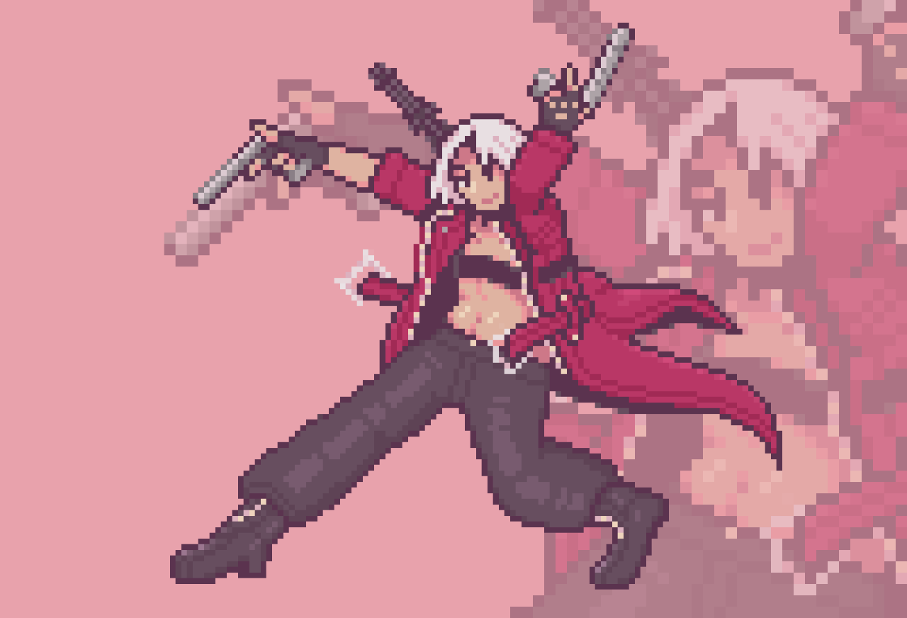 Pixel art of dante from devil may cry in battle stance