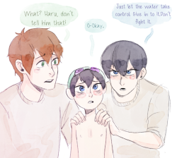 childofsquid:  Makoto no shush let Haru do his thing  Mizuki’s first race &lt;3  *Side Note* Makoto is a swim coach at Iwatobi as well as a teacher at a school so Mizuki has been coming to his lessons since he was a baby c: