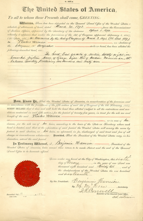 Land Allotment for Timber Woman, a member of the Cheyenne or Arapaho tribes, 5/6/1892File Unit: T-83