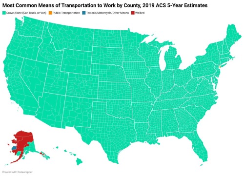 butchflirt:afloweroutofstone:Most common means of transportation to work by county,