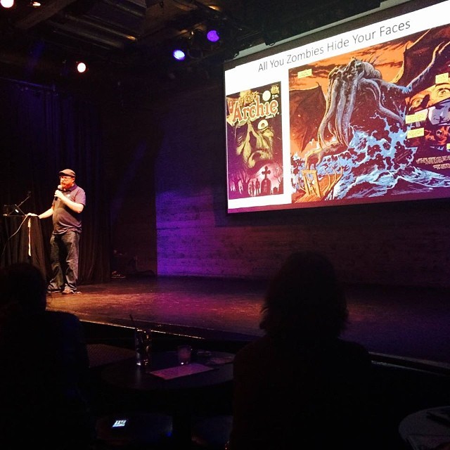 Flashback Friday: Talking about the wonderful world of Archie Comics at Nerd Nite NYC on September 19, 2014 at Galapagos Art Space in Brooklyn. Photo by Tim Gonzales.