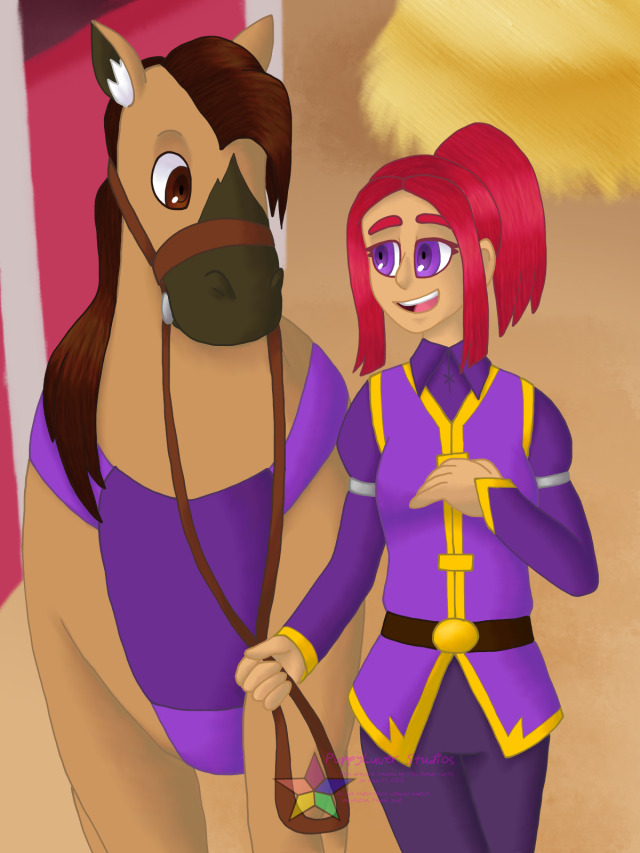 [Image Description: A woman walking with a horse near a stable. The woman has light skin, long red hair in a ponytail, and violet eyes with a darker violet ring in the center. She is wearing a purple shirt with gold trim on the sleeves and silver decorative rings attached onto the upper arms, a violet vest with gold accents, a brown belt with a golden buckle, and dull violet pants. The horse beside her has a tan coat, a brown muzzle, brown eyes, and a long brown mane. They have a set of brown reins attached to their head and violet chest adornment. They are looking at the woman with curiosity. The stable behind them is painted red with white framework, and there is a pile of hay in the background on the right. End ID.]-----Dont really have anything to say except...h o n s e.💖🐶 Check out my pinned post for ways to support my artwork, among other things! 🐶💖~If you like, please reblog to show your friends! Likes are appreciated, but reblogs let more people see my content! If you have something to say, feel free to give feedback in tags/comments/replies as well!~Lavender Amethyst, other Theia Historica concepts, and artwork © PuppyLuver Studios #theia historica#lavender amethyst#HORSE#original work#original character#puppyluver studios #jess drew the thing #sfw#image description