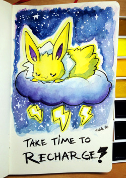 fablefire:  Inspirational eeveelution day! Only three left and then I can start doing bigger things on real paper.Gansai Tambi, Microns, Copic White on a Moleskine Art Pad.