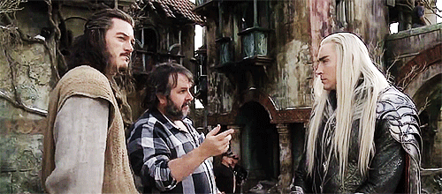 hobbsyssel:luke evans and lee pace on the set of the hobbit w/ peter jackson