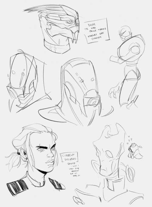 mass effect doodle dump from when I replayed the trilogy for the nth time,,, aliens, man + bonus kas