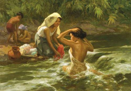 fordarkmornings: Fernando Cueto Amorsolo  -  Bathing and Laundry by the River,  1963&