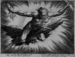 chaosophia218:  Jan Sadeler - The Four Elements, 1587.Ignis - Fire; a male personification of the element (as Jupiter), riding an eagle to right and holding thunderbolts and lightning bolts.Terra - Earth; a female personification of the element (as