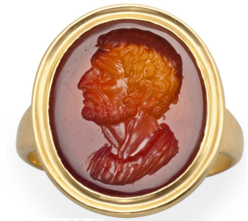 archaicwonder: Roman Carnelian Ringstone, 1st Century BC/AD with an unknown male portrait, set in a 
