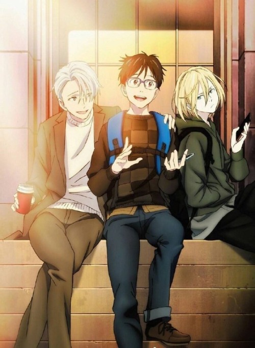 vyctornikiforov: GOD LOOK AT THESE BOYS. Yuuri looks so comfortable talking, while Victor has this loving stare, while listening to his fiancé rambling about something that makes him happy, with an arm around him. And Yurio is listening, while leaning
