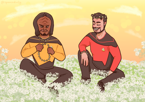 one day off spent in a sunny flowery field on the holodeck, riker teaches worf how to make daisy cha