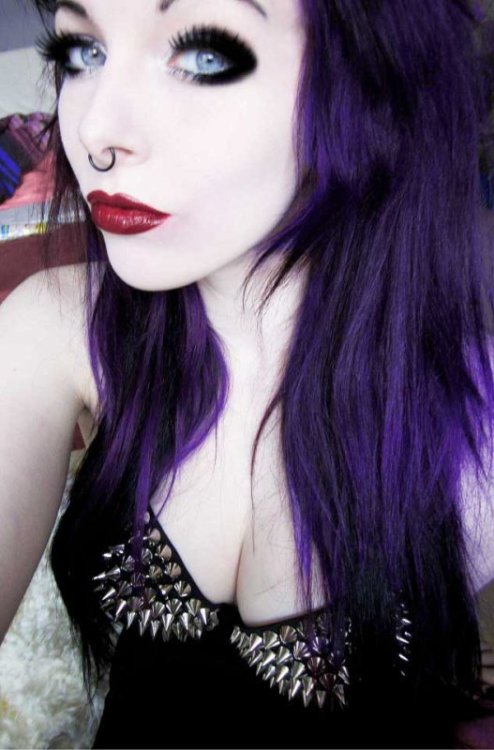 gothedup:  Goth girl with purple hair and spiked shirt