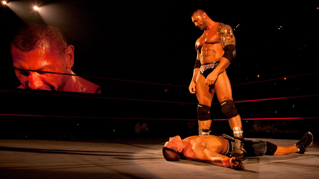 fishbulbsuplex:  Batista vs. John Cena  Batista standing over his fallen victim John