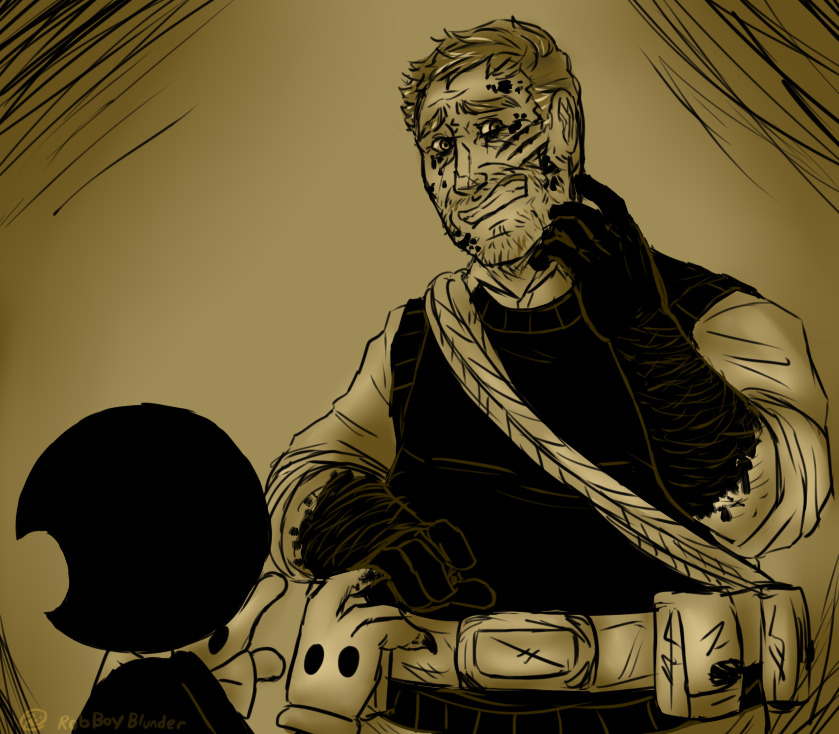 henry stein stands with a grimace of surprise and pain, his eyes looking at three claw marks on his cheek bleeding ink. he's reaching one hand tentatively towards it while the other idles near his waist. Bendy is holding up his hands facing henry, one clawed with ink staining the claws