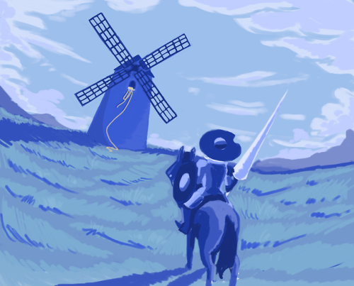 A request for “Don Quixote *rescuing* Rapunzel”.I didn’t stay too close to the request and instead c