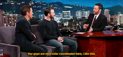 caprxgers:  Chris Evans and Robert Downey Jr. on Jimmy Kimmel Live, November 24th 2015 (x) 