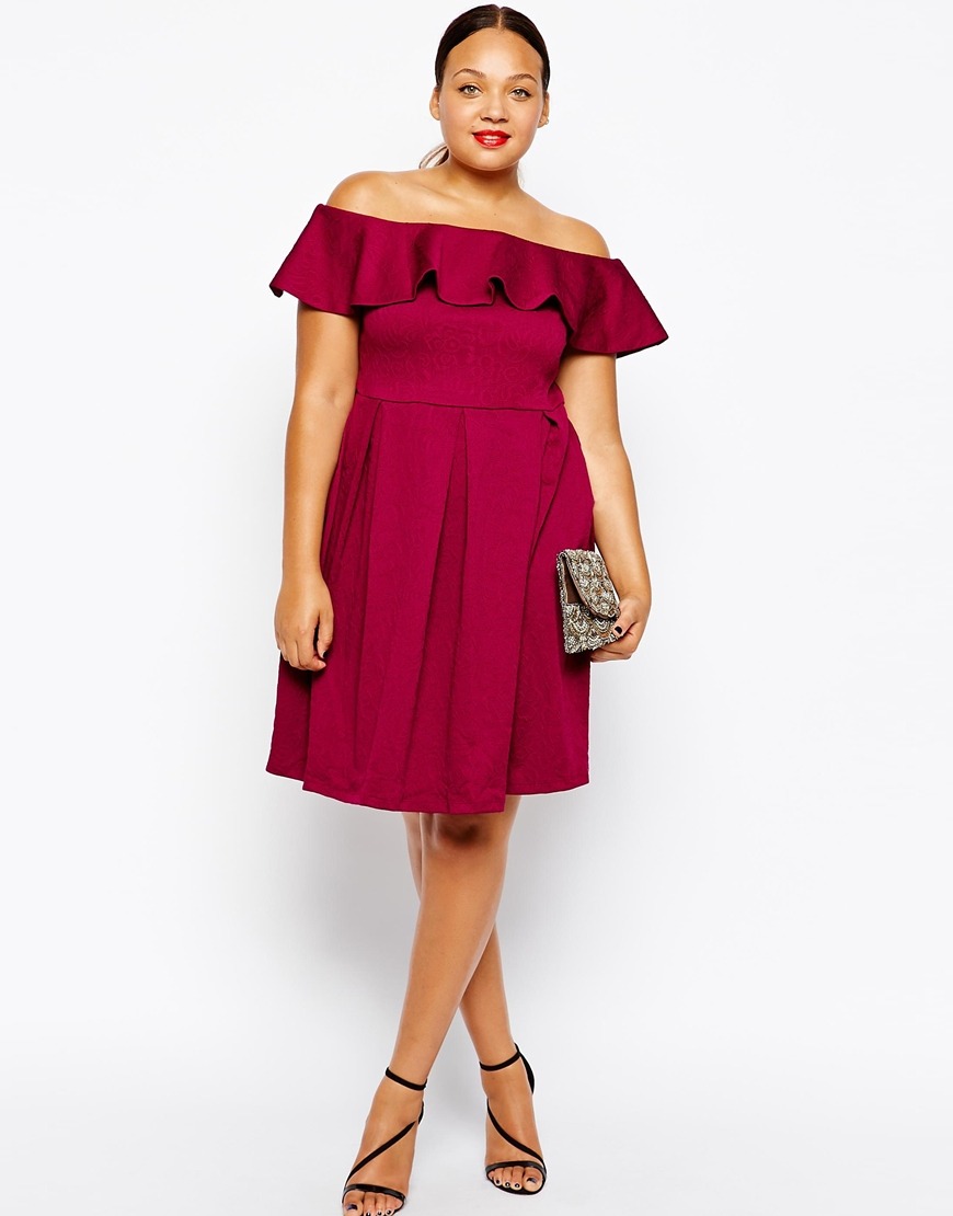 plussizeebony:  ASOS CURVE Textured Ruffle Bardot Dress In Longer Length 