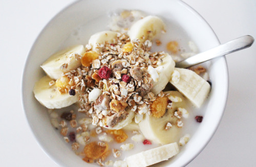 Muesli with banana slices and coconut milk.