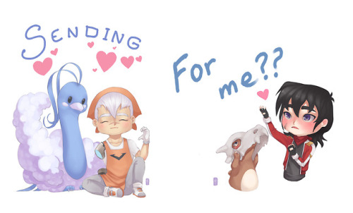 A pair of whatsapp/telegram stickers I made for @psyraah of her Poke-Sheith au! <3 Shiro runs a d