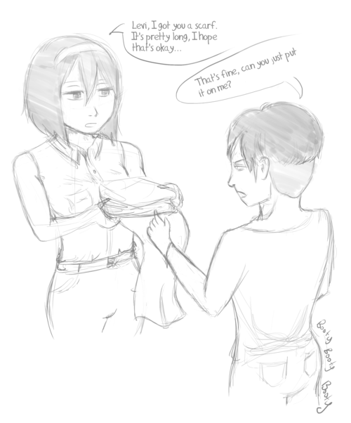 zerolr:  lampurple:  I want to imagine Mikasa wrapping a scarf around Levi except she ties it like a bow in the back and he walks away seemingly unaware     Incredible. 