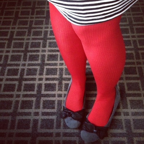 hoseb4bros: #Red vertical #stripes with #black and #white horizontal stripes. #totd #tights #hosiery