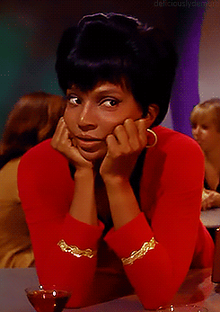 pinkastrophe:  “she sneaked a peek at Spock as he crouched to pick up chunks of rubber. He was fit, but didn’t look particularly “athletic” in the Human sense. But Uhura knew all about Vulcan physiology, thanks to some database research that she