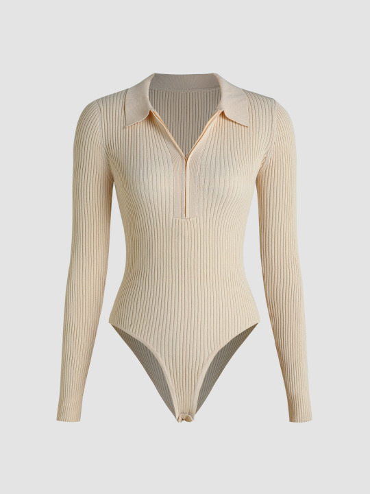 Solid Rib Zip Up Collar Knitted Bodysuit - Cider