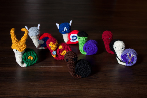 thingsfortwwings:[Photoset: Crocheted snails with costumes based on the MCU Avengers + Nick Fury and