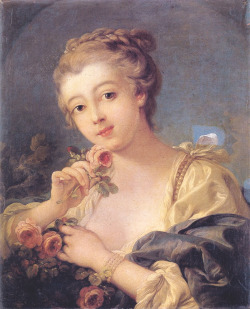 Young Woman With A Bouquet Of Roses - Francois Boucher 