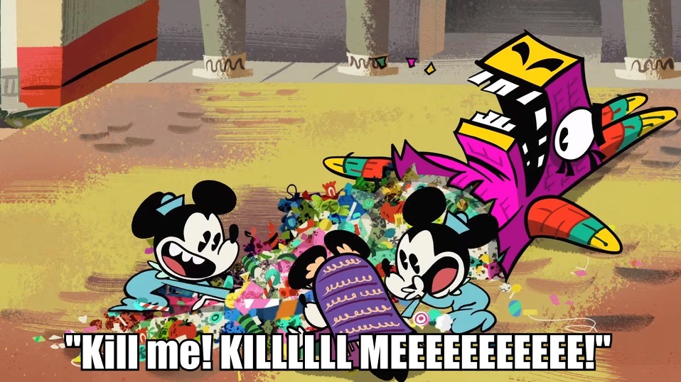 Took this scene from Mickey Mouse’s B-Day Fiesta vid and threw in some image macro