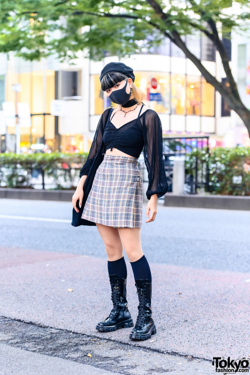 20-year-old Japanese student and dancer Shion on the street in Harajuku wearing a sheer vintage crop