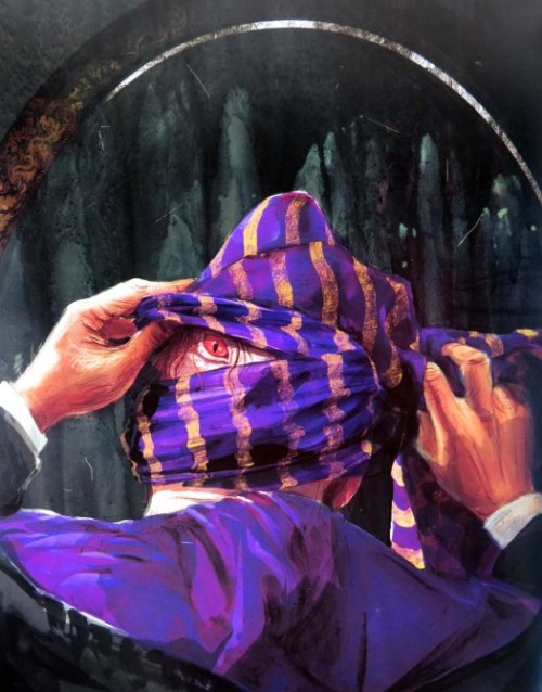 Professor Quirrell lifting up a fold in the back of his turban by Jim Kay