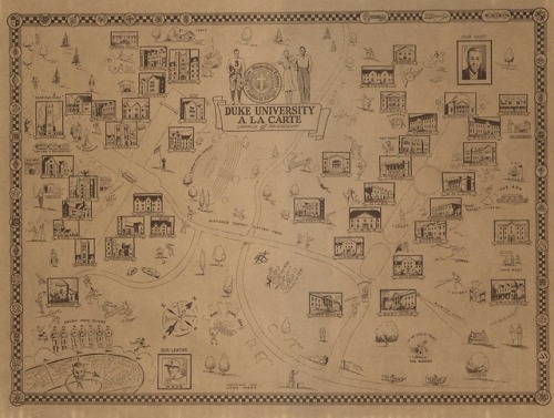 Love, love, love all the tiny details in this 1939 map of Duke!
