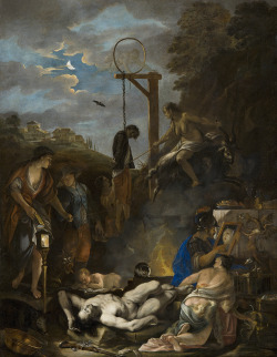 laveneredissepolta:  Domenicus van Wijnen (1661, Amsterdam – c.1695) - A Scene of Sorcery, c. 1685 The painting juxtaposes real and supernatural characters in a nocturnal scene taking place on the outskirts of a village. At the left of the composition,