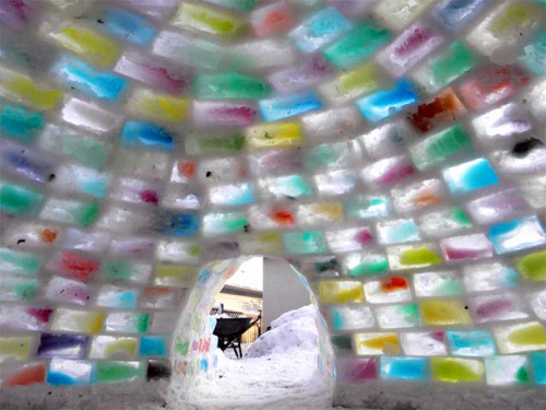 ealperin:  pixiewaffles:   Daniel Gray and Kathleen Starrie - An igloo constructed out of milk cartons filled with colored water and frozen   Oh shit guys start saving your cartons let’s do this  I’ll be near the heat furnace. I get cold quick.