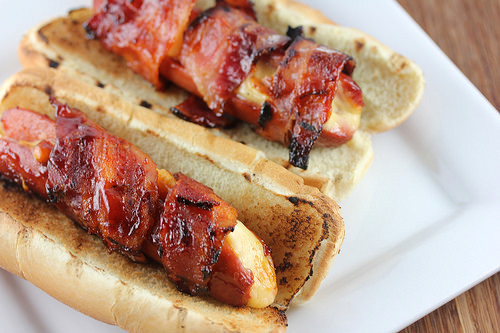 sighinastorm:guardians-of-the-food:Bacon Wrapped Cheese Stuffed Hot Dogs‘MURICA