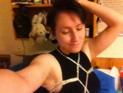 wombats-echo:Last chunk of photos for a bit, I think. I don’t have rope but some very soft thick yarn and wanted to figure out how to shibari. Kinda lopsided, but otherwise I did the thing. ☺️