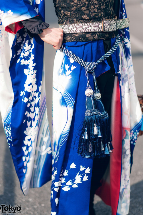 tokyo-fashion:  Karumu on the street in Harajuku wearing a vintage Japanese kimono with a ruffle top, lace corset, top hat, vintage briefcase, tassels belt, and New Rock cowboy boots. Full Look