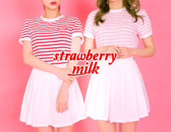 coquettefashion: “Strawberry Milk&quot;   Stripe T-Shirt &amp; Pleat Mini Skort  “Strawberry Milk” Stickers  Knit Sweater In   Red Or Pink  iPhone 6 / 6 Plus / 7 / 7 Plus Case  Strawberry Milk T-Shirt   &amp; Pleat Skort    “Strawberry Milk”
