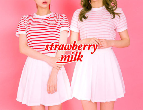 coquettefashion: “Strawberry Milk"   Stripe T-Shirt & Pleat Mini Skort  “Strawberry Milk” Stickers  Knit Sweater In   Red Or Pink  iPhone 6 / 6 Plus / 7 / 7 Plus Case  Strawberry Milk T-Shirt   & Pleat Skort    “Strawberry Milk”